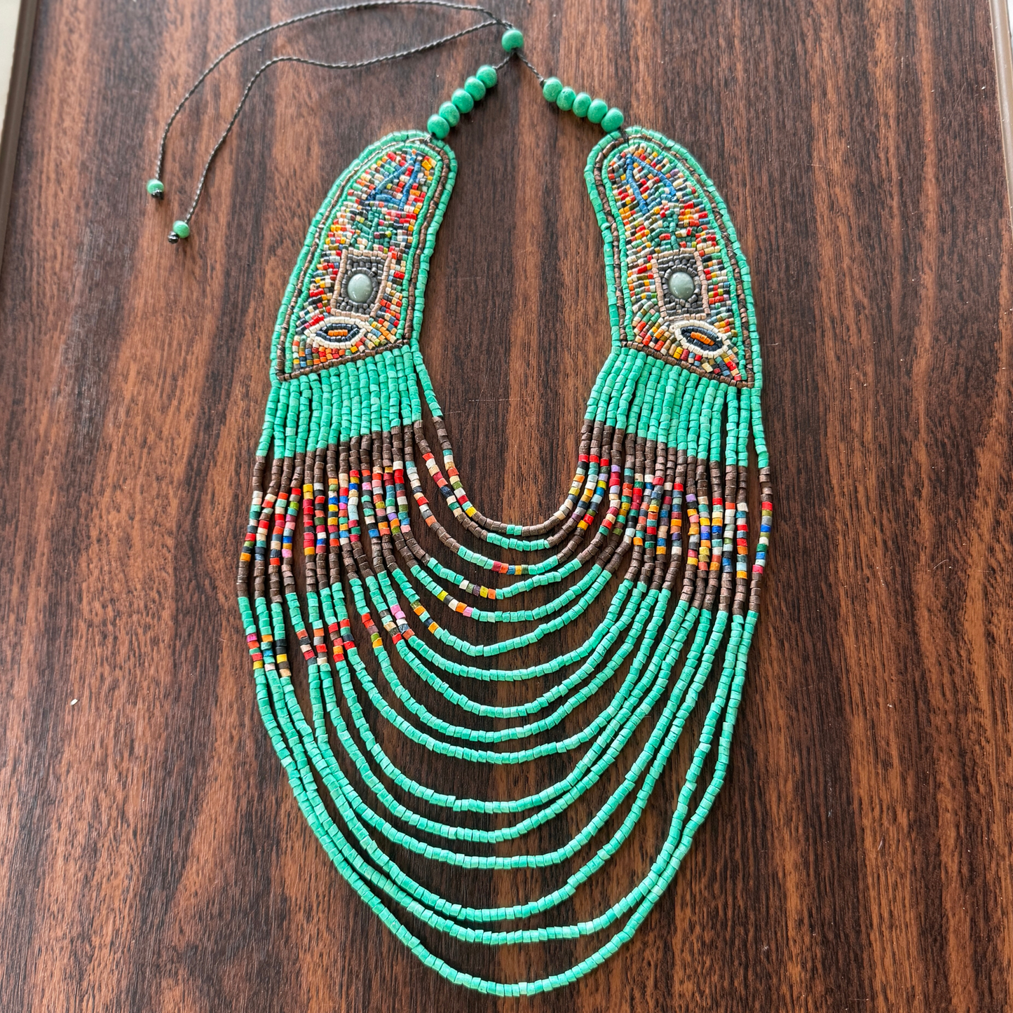 Unique Necklace with Bead Embroidery and Jade, Adjustable