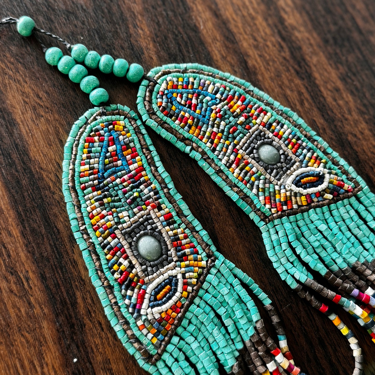 Unique Necklace with Bead Embroidery and Jade, Adjustable