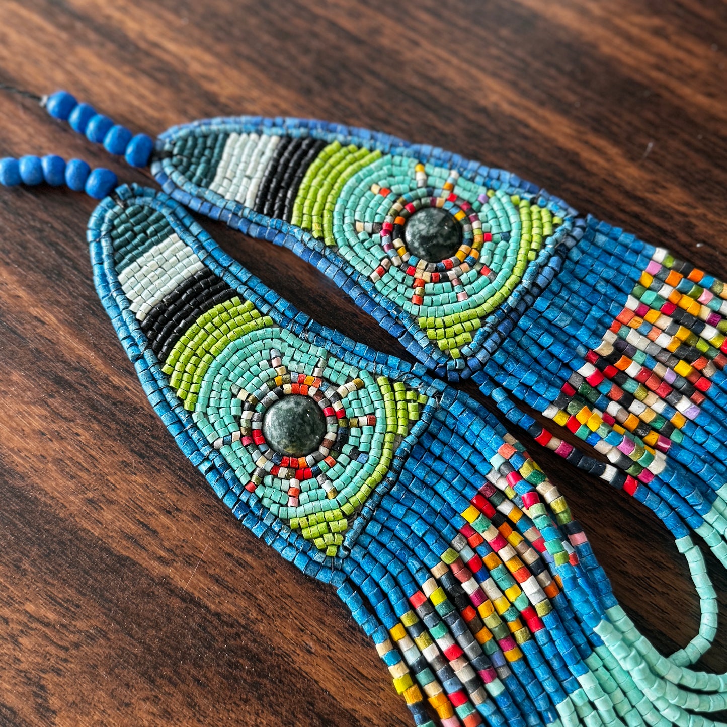 Unique Necklace with Bead Embroidery and Jade, Adjustable