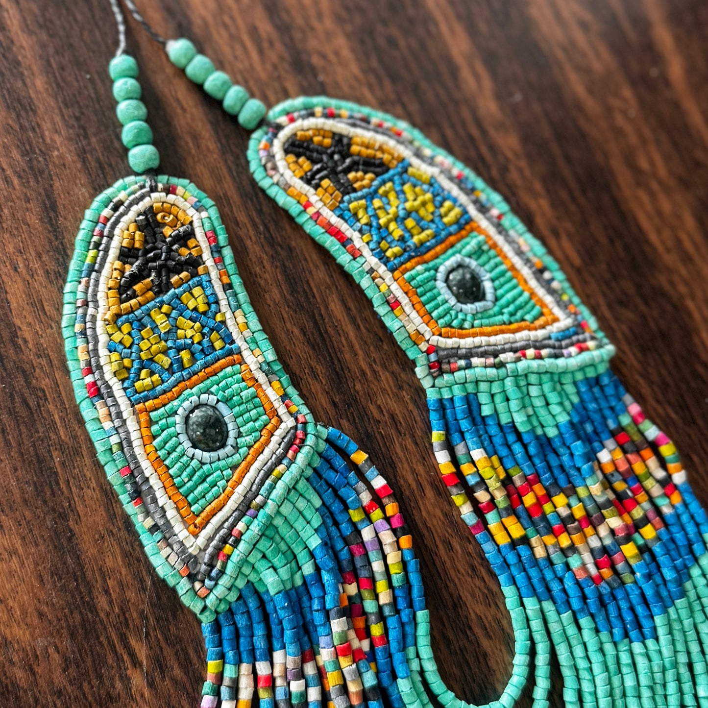 Unique Necklace with Bead Embroidery and Jade, Adjustable