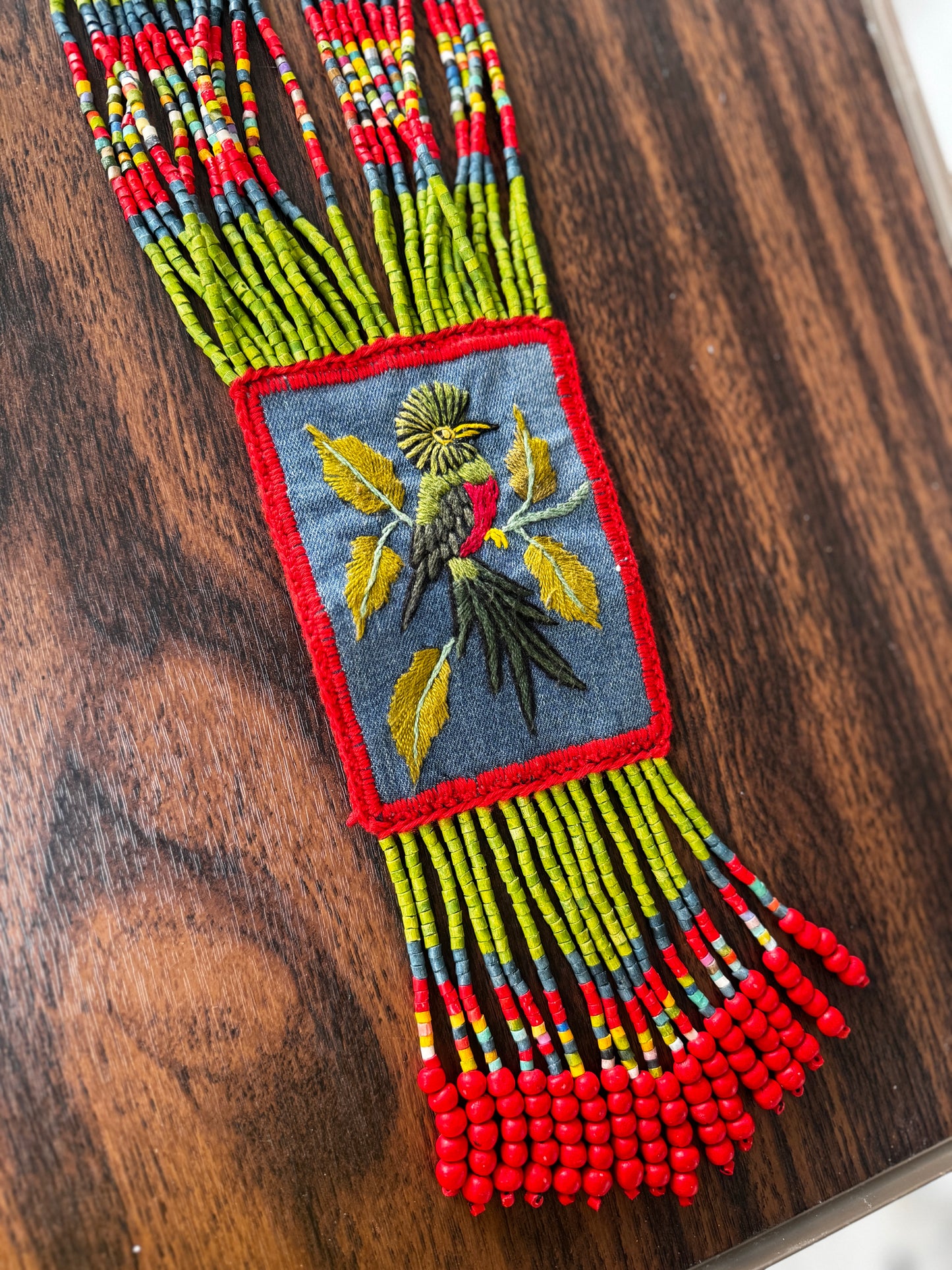 Beaded Long Necklace with Embroidered Birds, Adjustable