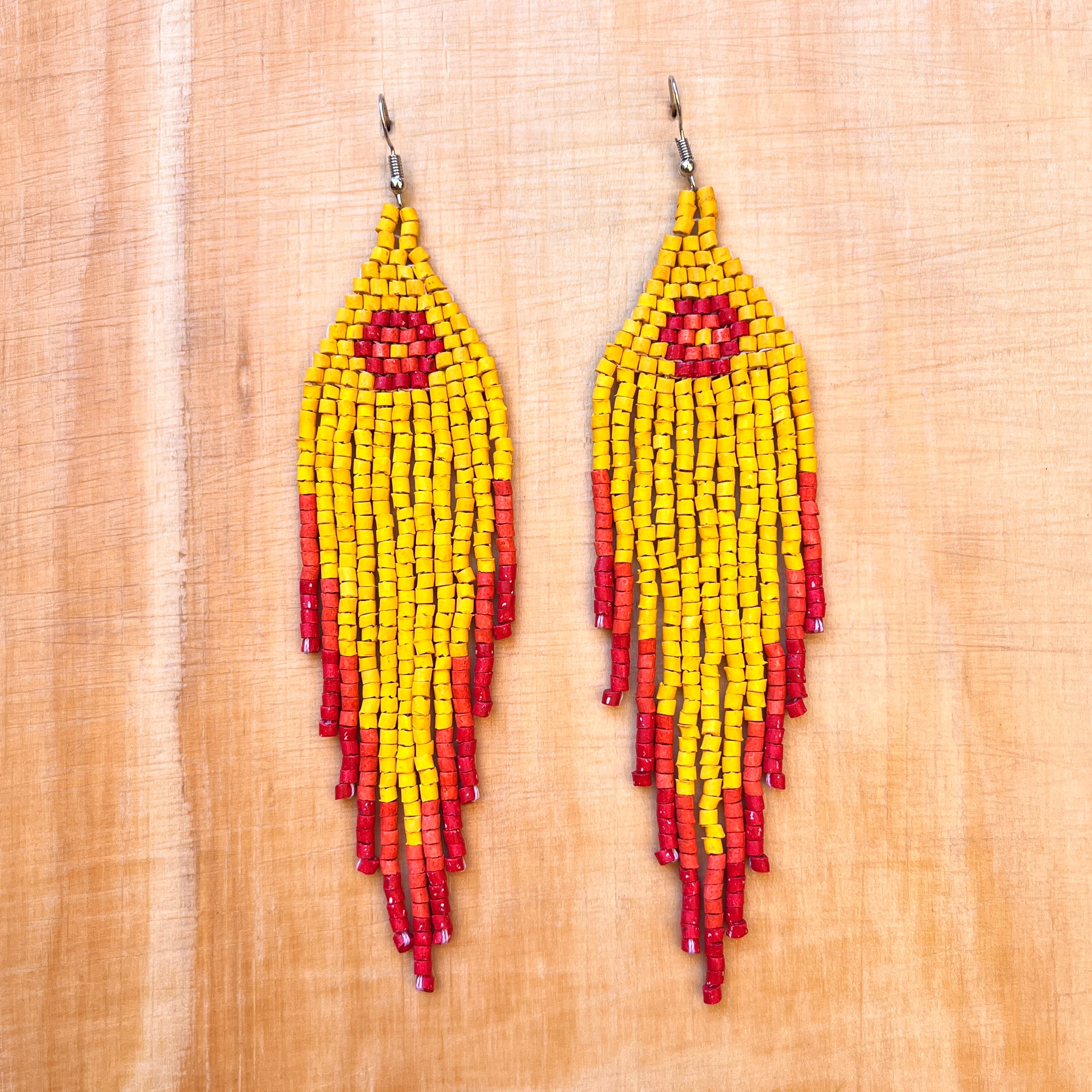 MAYA fringe earrings, red, yellow, cobalt, picasso, factory seed bead native earrings